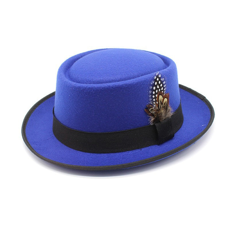 Versatile Jazz Hat Flat Top Woolen Feather French