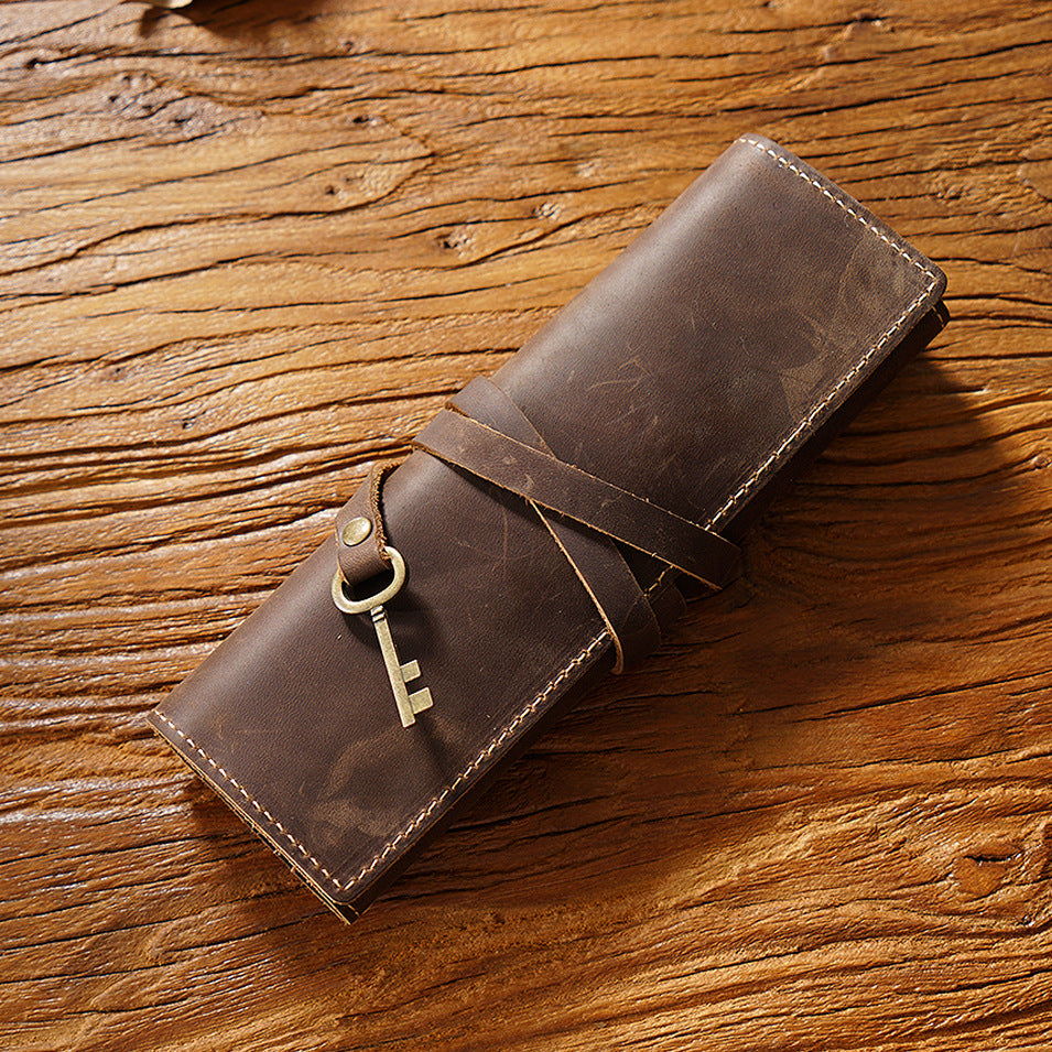 Vintage Cowhide Pen Bag Three Fold Pen Clip Rolling Shutter Stationery
