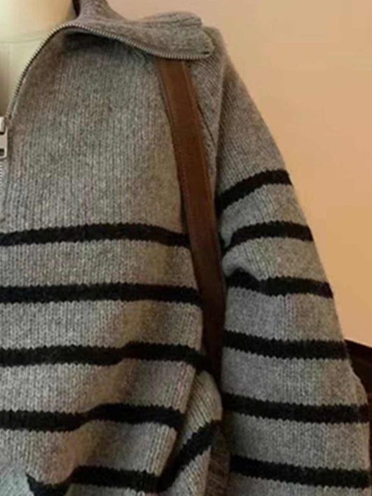 Gray Half Zip Turtleneck Striped Knitted Sweater