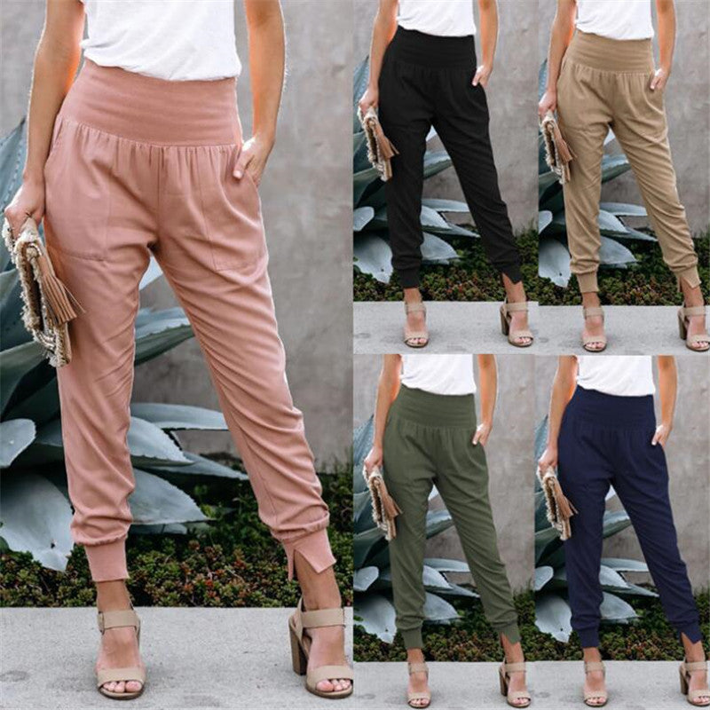 Solid Color Women's High Waist Cropped Trousers with Slits