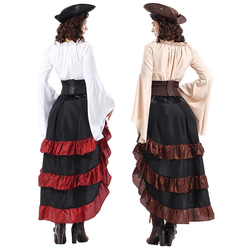 Halloween Costume Medieval Irregular Pirate Queen Waist-tightening Clothes Lotus Leaf Maxi Dress
