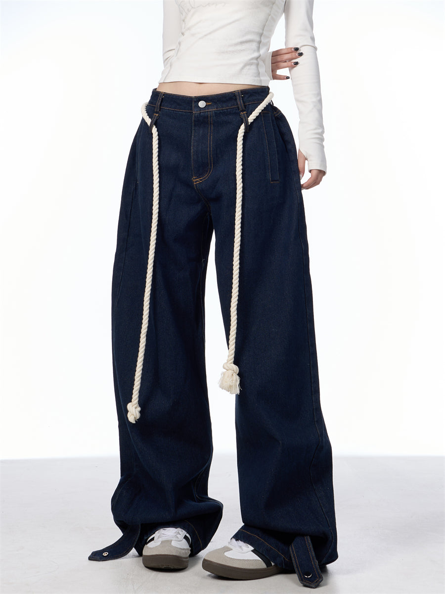 Washed Black Loose Straight Wide Leg White Stitching Jeans