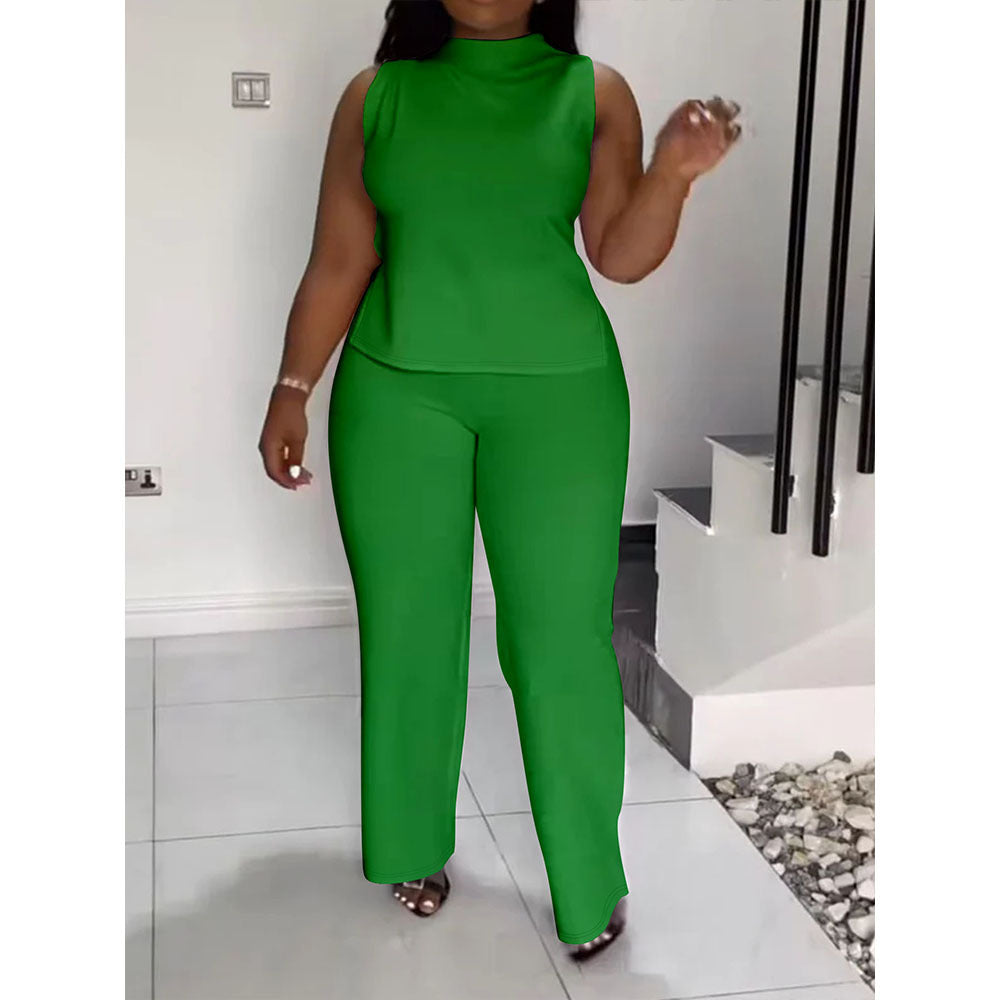 Solid Color Casual Sleeveless Trousers Suit