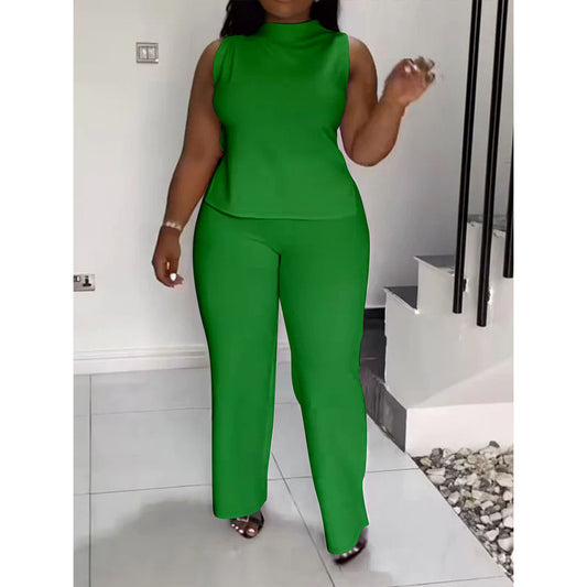 Solid Color Casual Sleeveless Trousers Suit