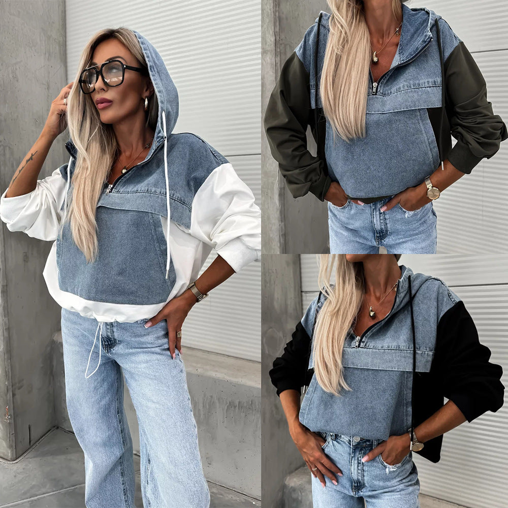 Mode løs afslappet vasket denim syning hætteklædt damesweater