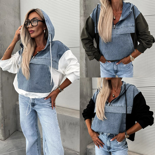 Mode løs afslappet vasket denim syning hætteklædt damesweater