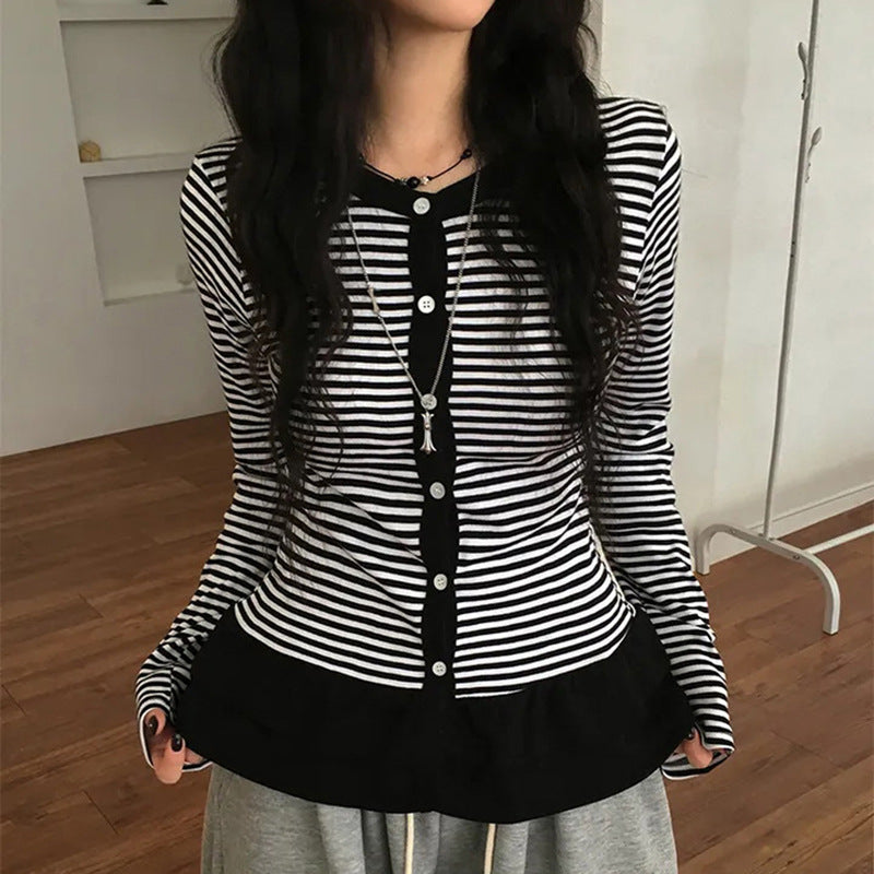 Retro Cake Hem Cardigan Stribet Crewneck Bluse til damer