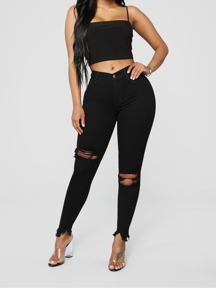 ripped solid denim long pants