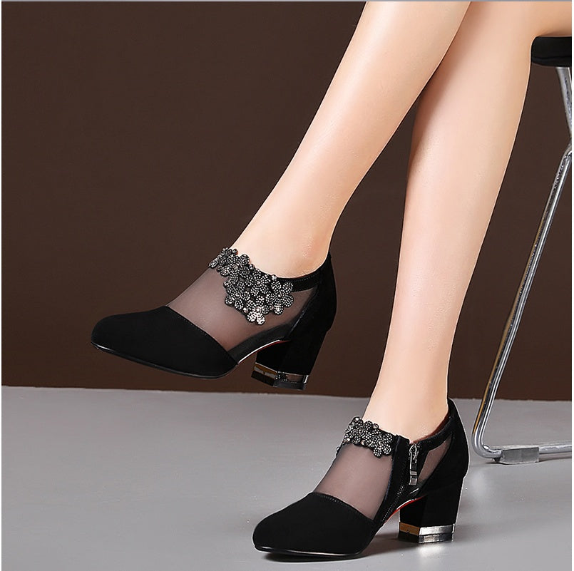Mesh pointed toe zipper high heel women's shoes