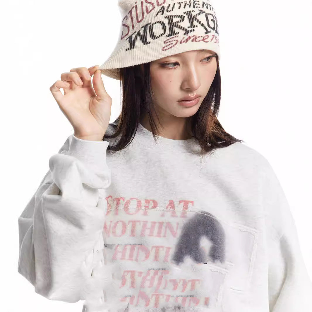 American Street Retro Portrait Printing Pullover Loose Round Neck Sweater