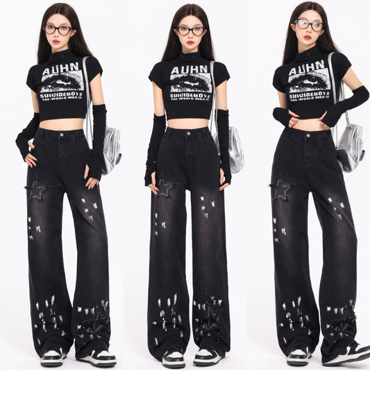 Koreansk Stil Retro XINGX Broderede Jeans Efterår Og Vinter Nye Højtaljede Splash-ink Brede Ben Lige Moppebukser