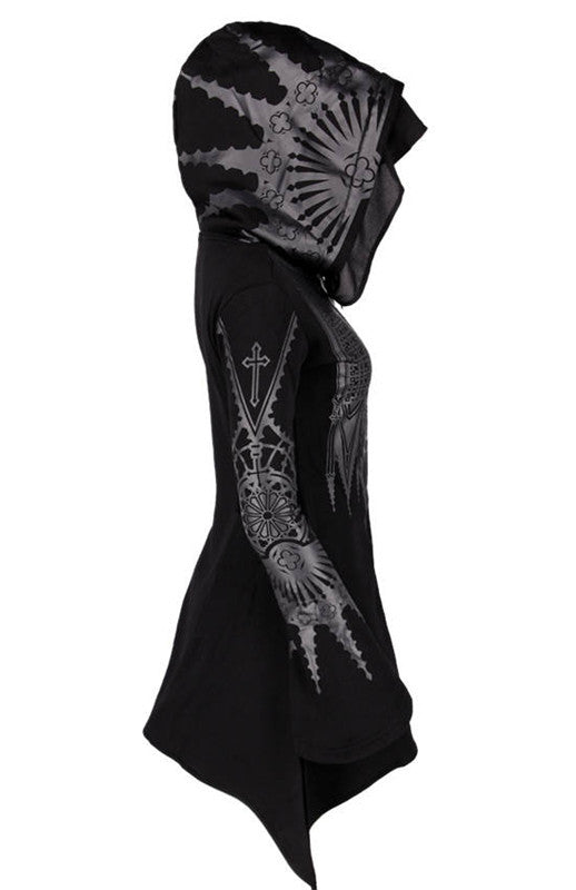 Halloween Cosplay Hættetrøje Dame Punk Sort Lang Hættetrøje med Print Sweater