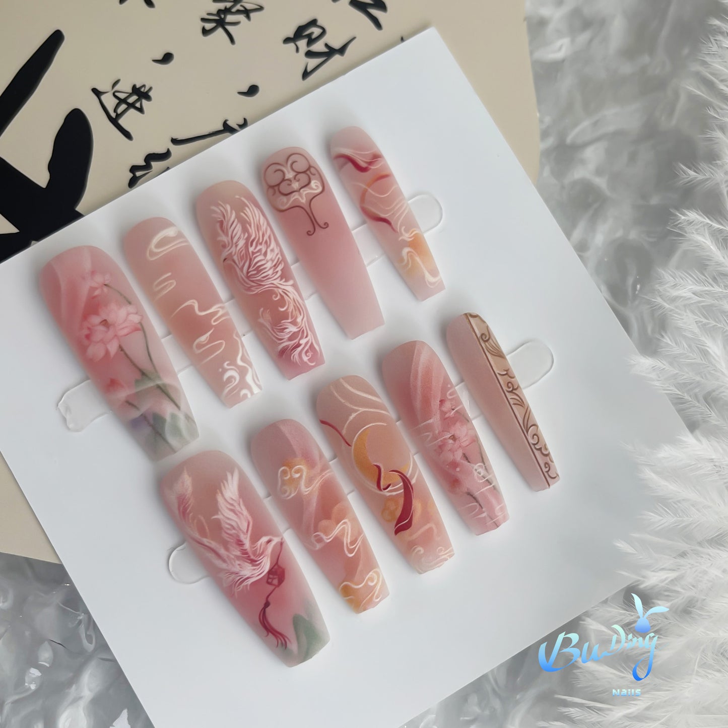 Ancient Style New Chinese Ink Painting Nine Tail Fox Manicure Long Ladder Glossy