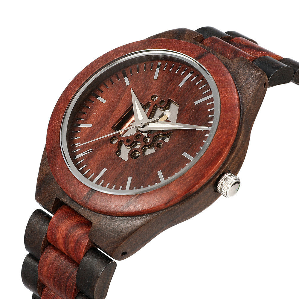 Men's skeleton wooden watch
