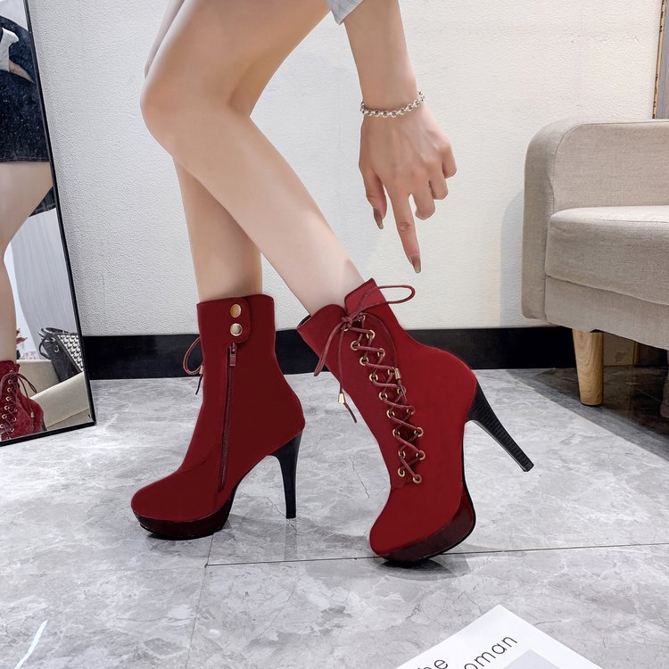 European And American Autumn And Winter High Heel Lace Up Short Boots