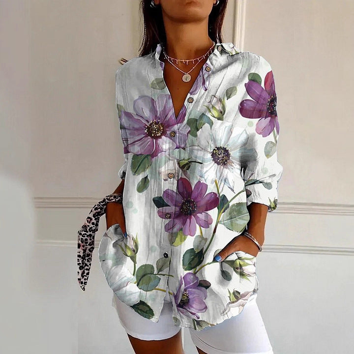 Womens Floral And Green Leaf-print Long-sleeve Blouse