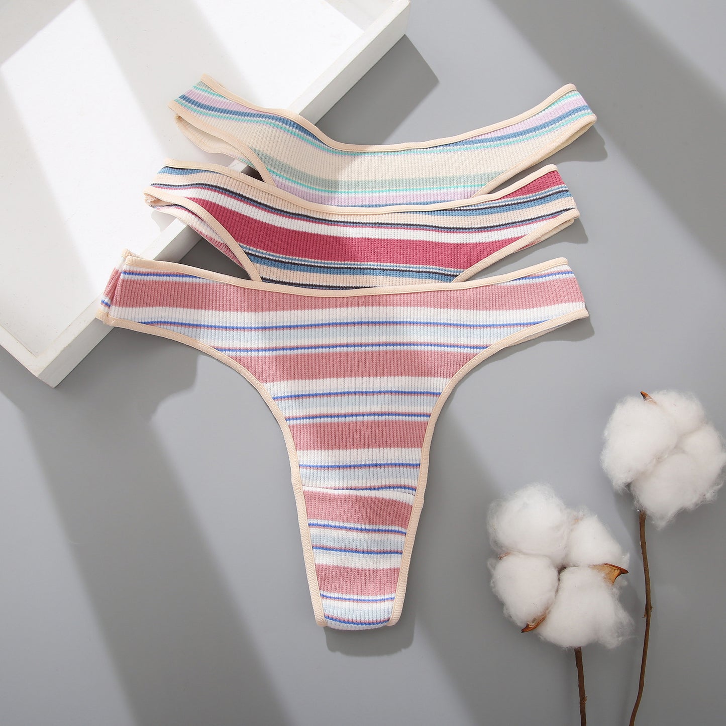Ladies Thong Striped Stitching Color Panties New Cotton