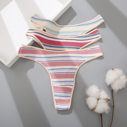 Ladies Thong Striped Stitching Color Panties New Cotton