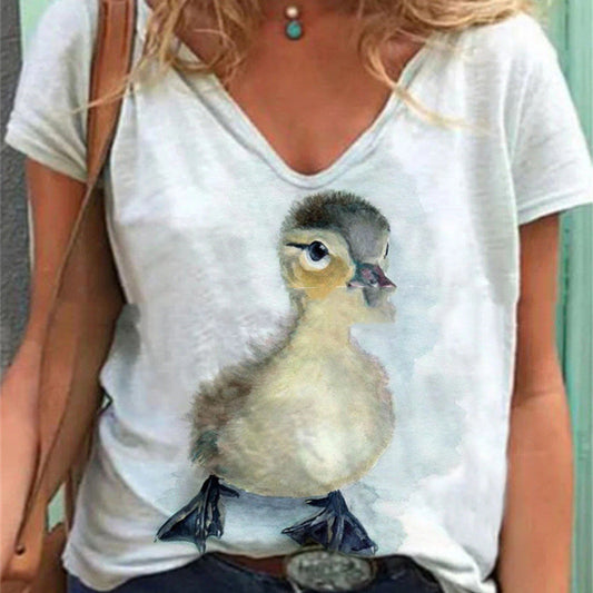Women's New Duck Print Casual V-Neck Pullover Short Sleeve T-Shirt