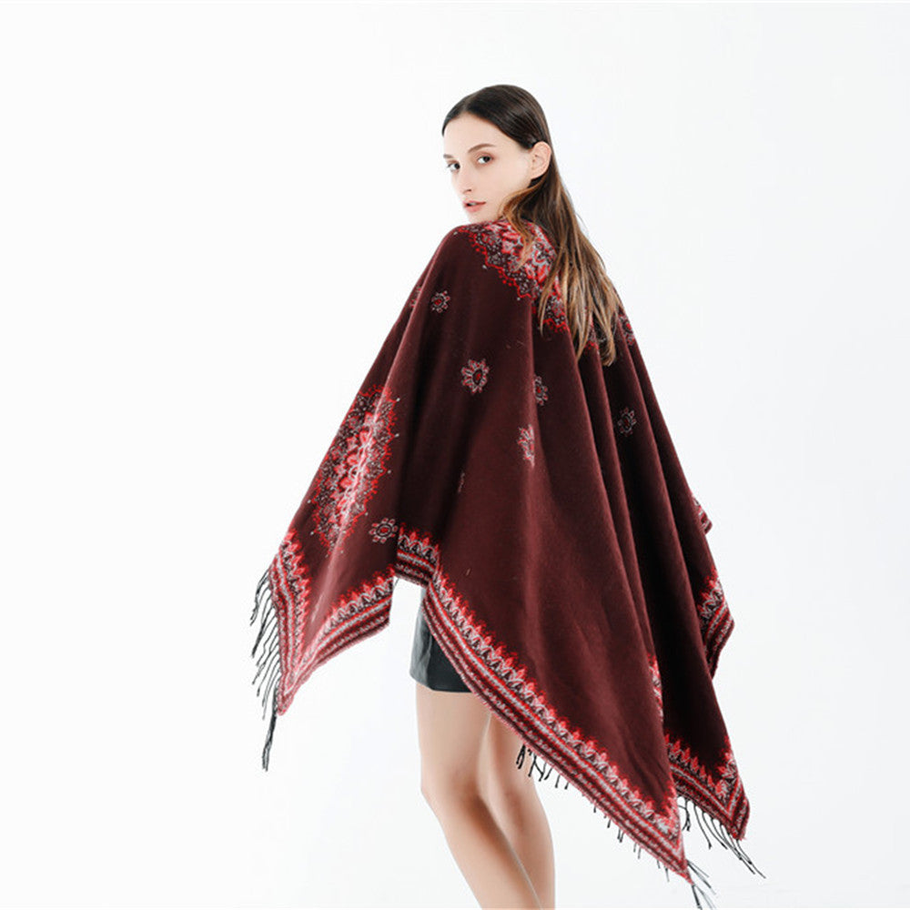 Geometric double-sided printed tassel split cloak