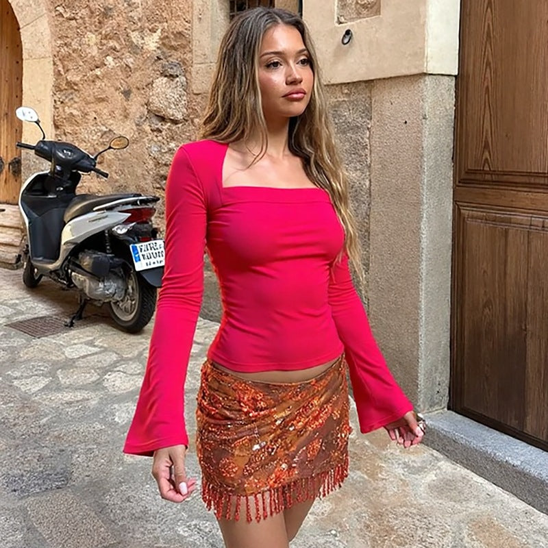 Sexy Square-neck Bottoming Shirt Slim Solid Color Flare Sleeve T-shirt