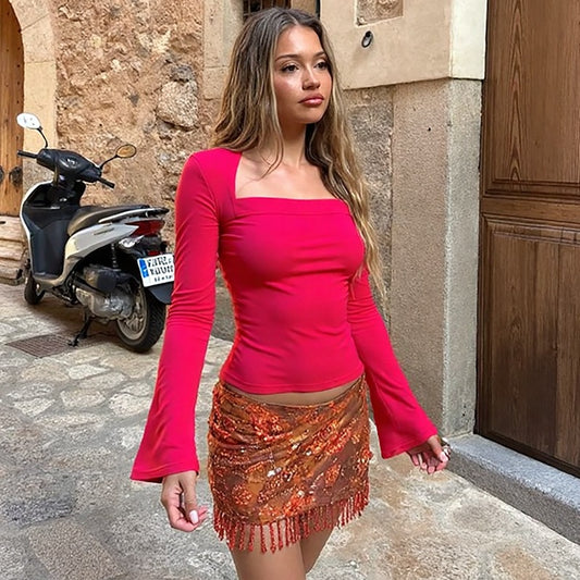 Sexy Square-neck Bottoming Shirt Slim Solid Color Flare Sleeve T-shirt