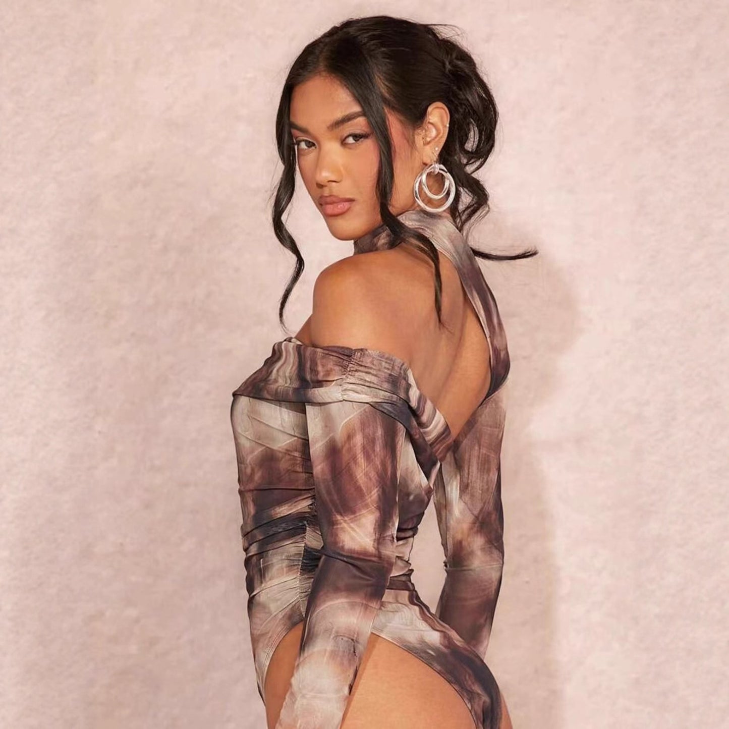 Long-sleeve Printed Sexy Off-shoulder Asymmetrical Halter Bodysuit