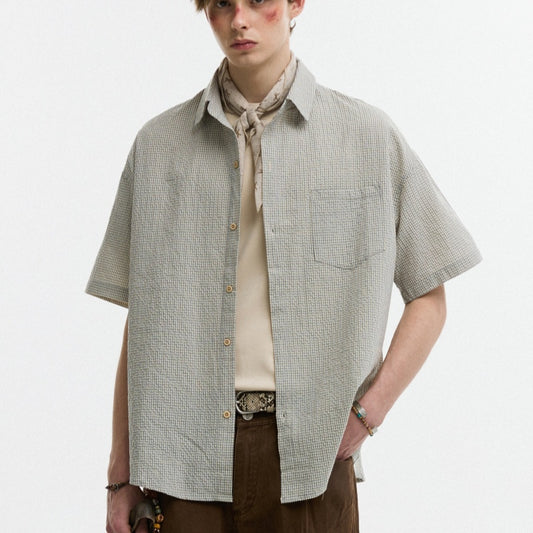 Seersucker Lapel Plaid Shirt Summer Casual Loose