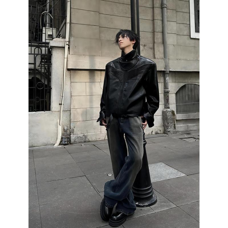 Men's Black Leather Jacket Loose Top Coat