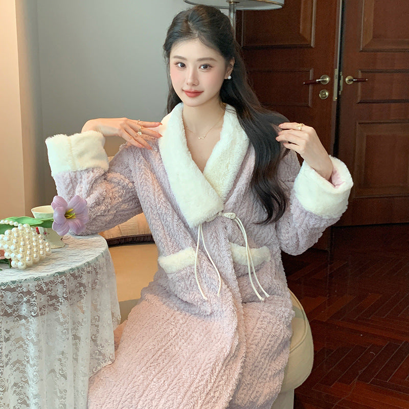 Womens Long Luxe Bathrobe-style Nightgown For Winter