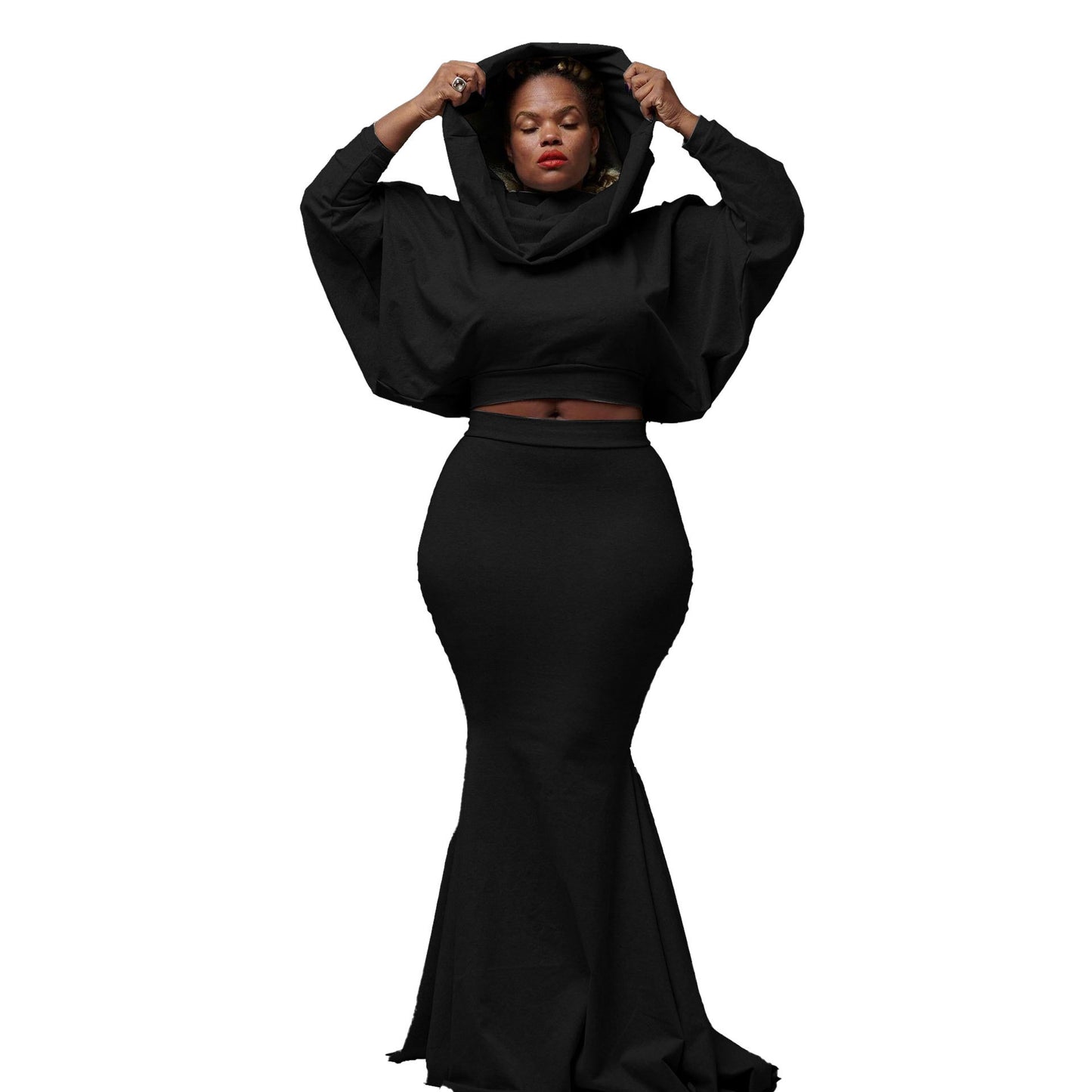 European And American Fitted Hooded Fishtail Dress Set