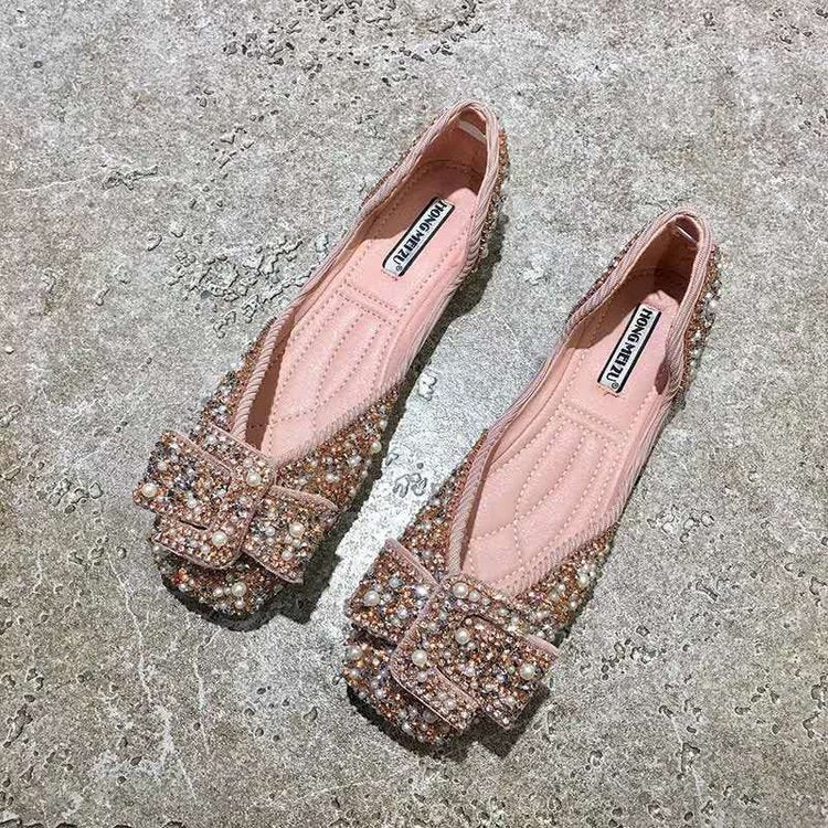 Pearl Rhinestone Shallow Mouth Square Toe Single  Flat Sole Women's Shoes