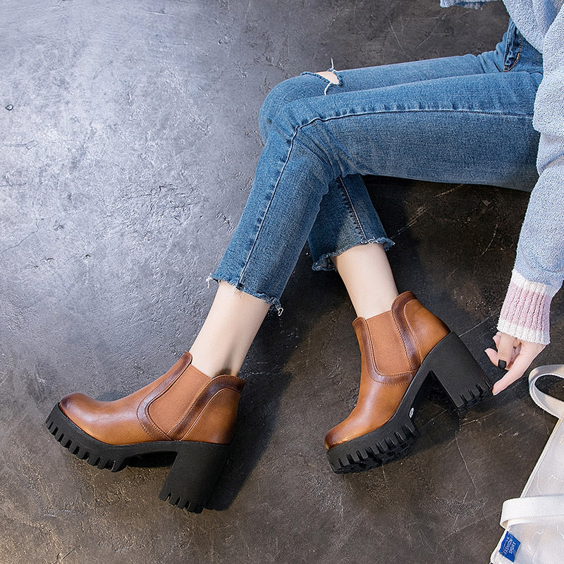 British All-match Leather Shoes Thick Heel Women's Casual High Heels
