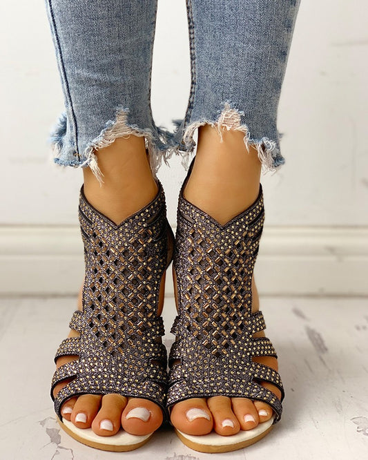 Sequined cloth open-toe zipper patent leather