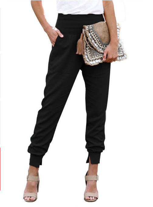 Solid Color Women's High Waist Cropped Trousers with Slits