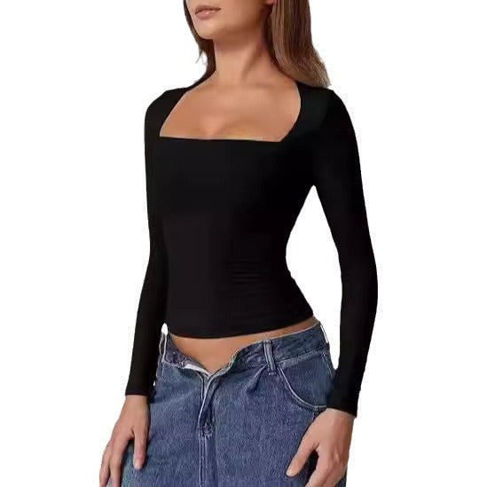 Women's Square Neck Autumn Top Long Sleeve Slim Fit Pullover Milk Silk T-shirt Elegant