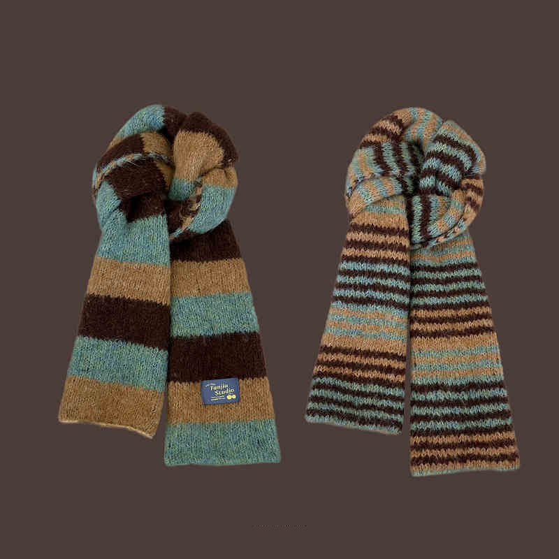 Versatile Soft Yarn Dopamine Contrasting Striped Double-sided Scarf For Women