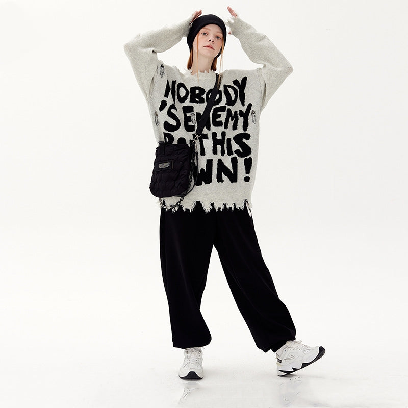 Street Fashion Make Old Ripped Letter Jacquard Burr Knitted Pullover