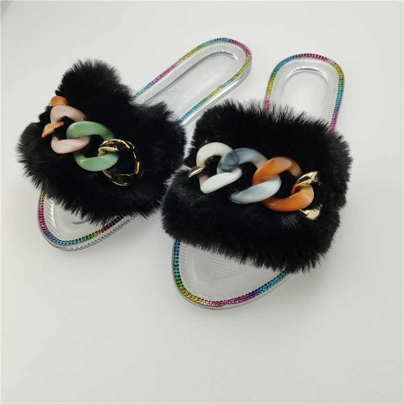 Flat Bottomed Jelly Transparent Large Size Sequined Chain Women's Sandals And Slippers