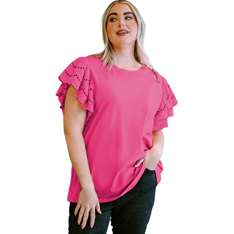 Female Lace Hollow Out Versatile Casual Short Sleeved Shirt