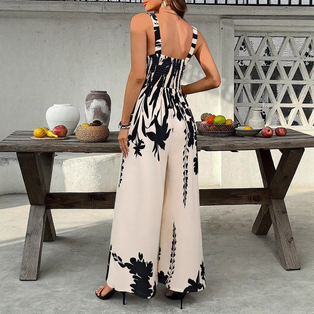Ethnic-style Printed Ruched Waist With A Tie-detail Designcasual Vacation-ready Womens Jumpsuit