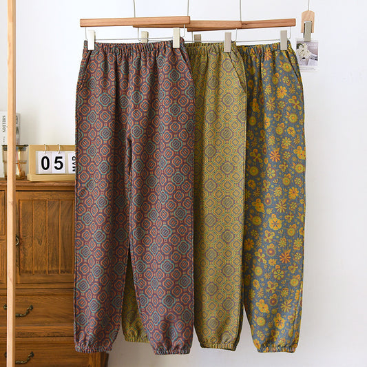 Women's Fashionable Vintage Yarn-dyed Closed Cotton Drawstring Trousers
