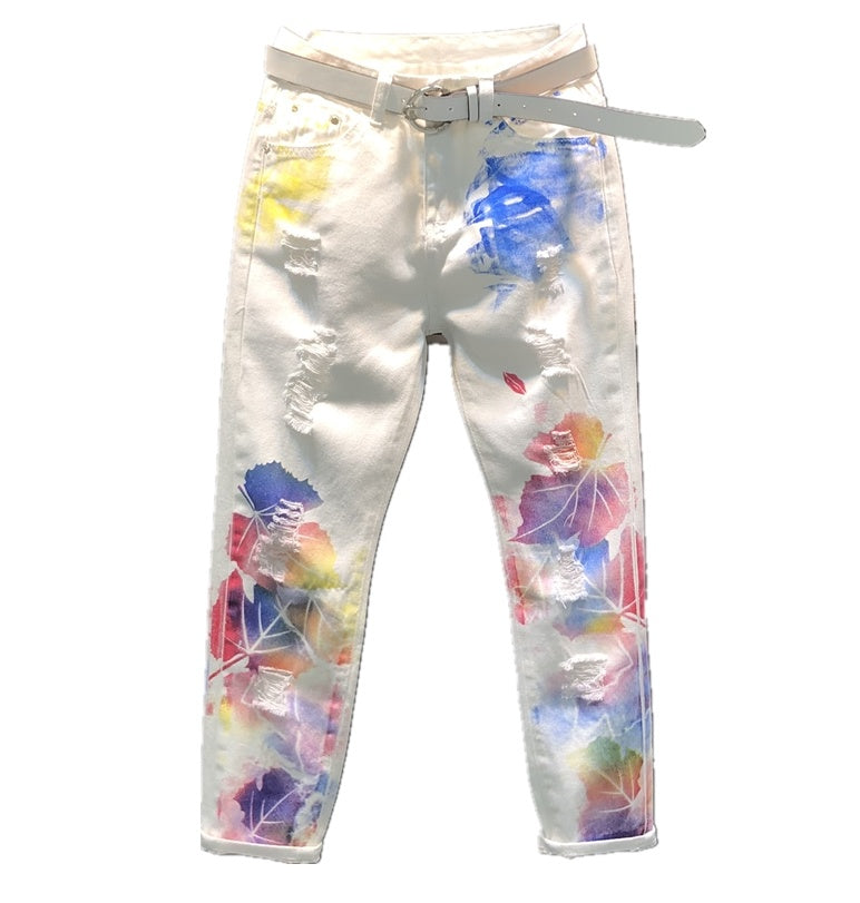 Dame Stretchede Blomsterprint Lige Jeans Blyantsbukser
