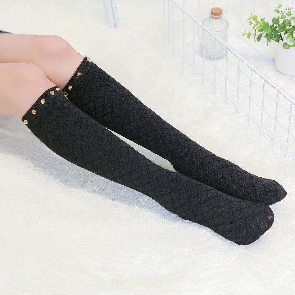 New Rivet Diamond Mesh Combed Cotton Socks For Girls