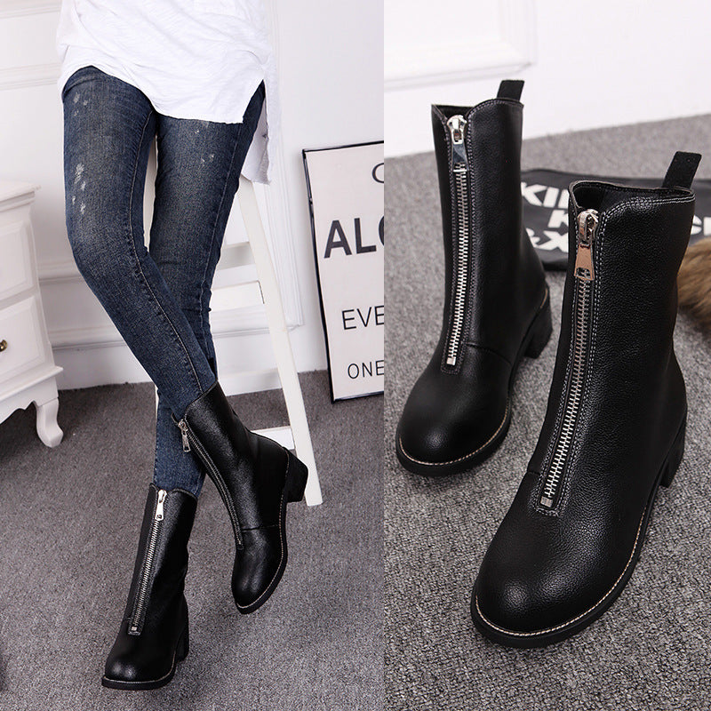 Flat Mid-Tube Soft Leather Front Zipper Single Boot
