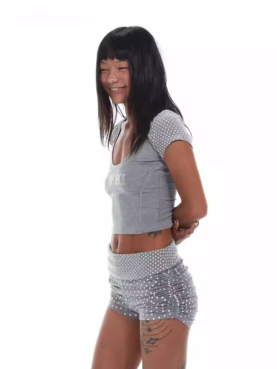 Rhinestone-studded Polka Dot Crew Neck Short-sleeved Base Layer Top And Shorts