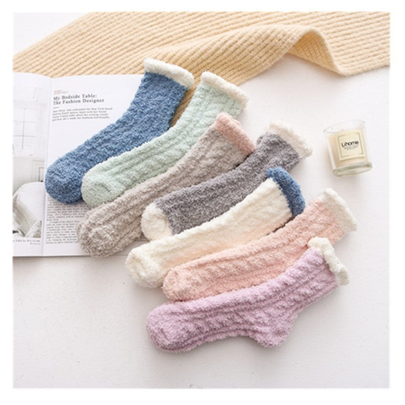 Solid color coral fleece mid-tube women's socks