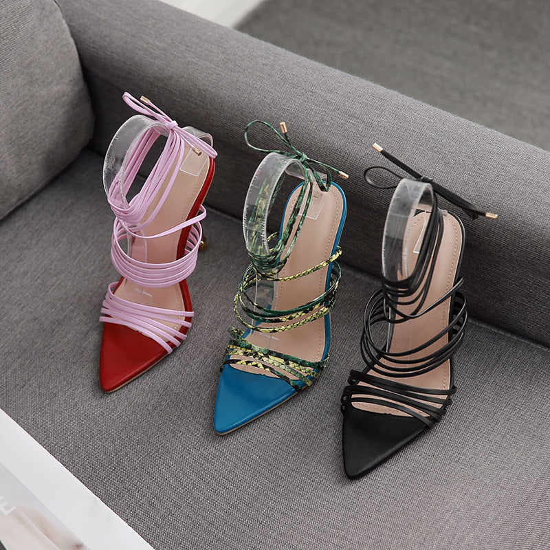 High Heel Metal Chain Braided Strap Roman High-Top Sandals