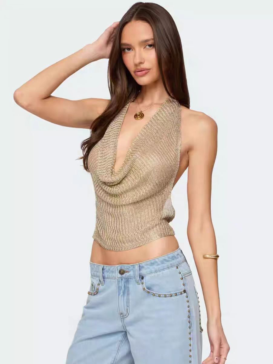 Hot Girl Glossy Knitted Pendant Collar Backless Top