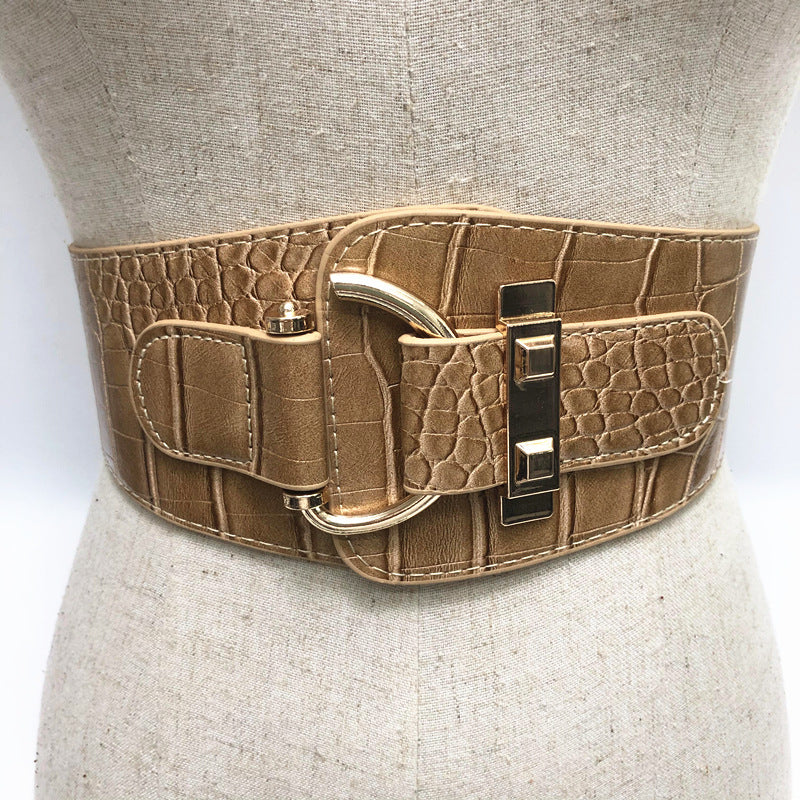 Elastic Wide Pattern Girdle, Patent Leather Women's Metal Buckle Belt